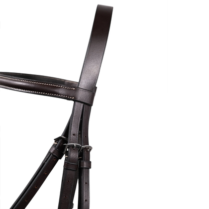 Crownpiece detail of a Jake Adams Equestrian Raised Fancy Stitched Hunter Bridle on a white background.