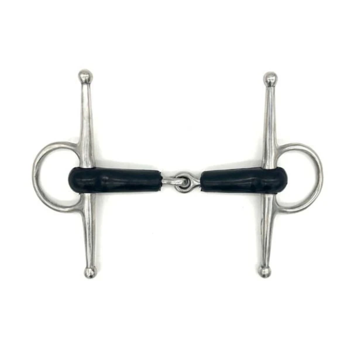 Jake Adams Equestrian Single Joint Rubber Full Cheek bit on a white background.