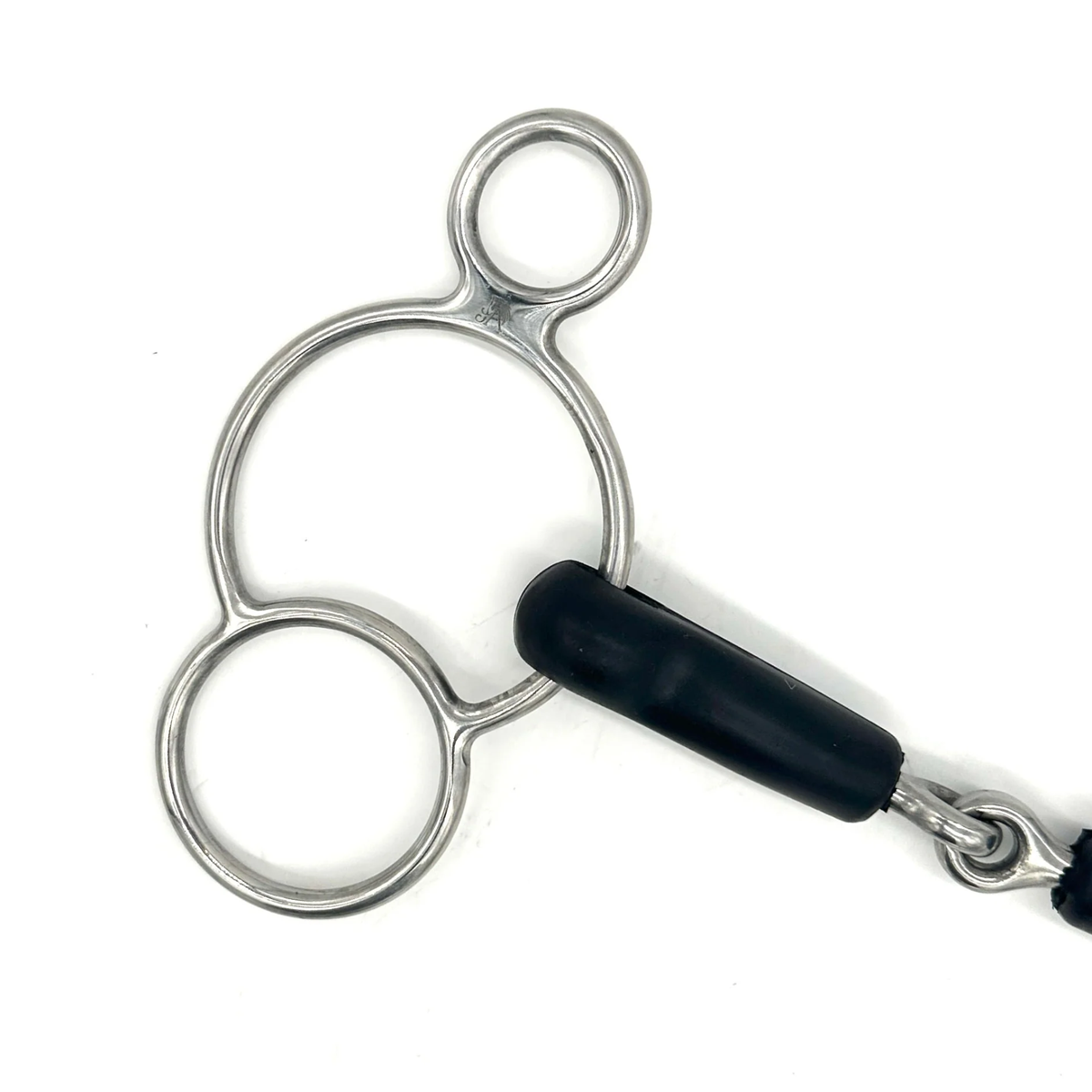 Close up of the cheekpiece of a Jake Adams Equestrian Single Joint Rubber Two Ring on a white background.