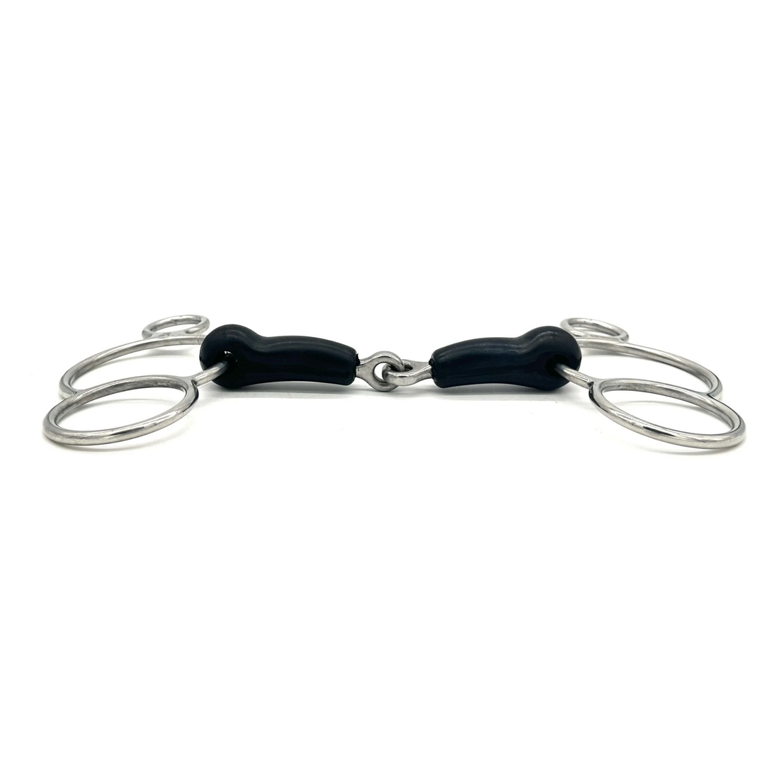 Side view of a Jake Adams Equestrian Single Joint Rubber Two Ring on a white background.