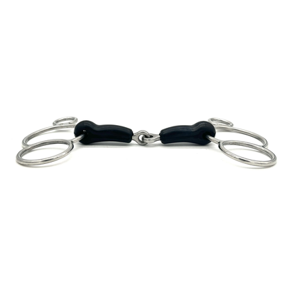 Side view of a Jake Adams Equestrian Single Joint Rubber Two Ring on a white background.