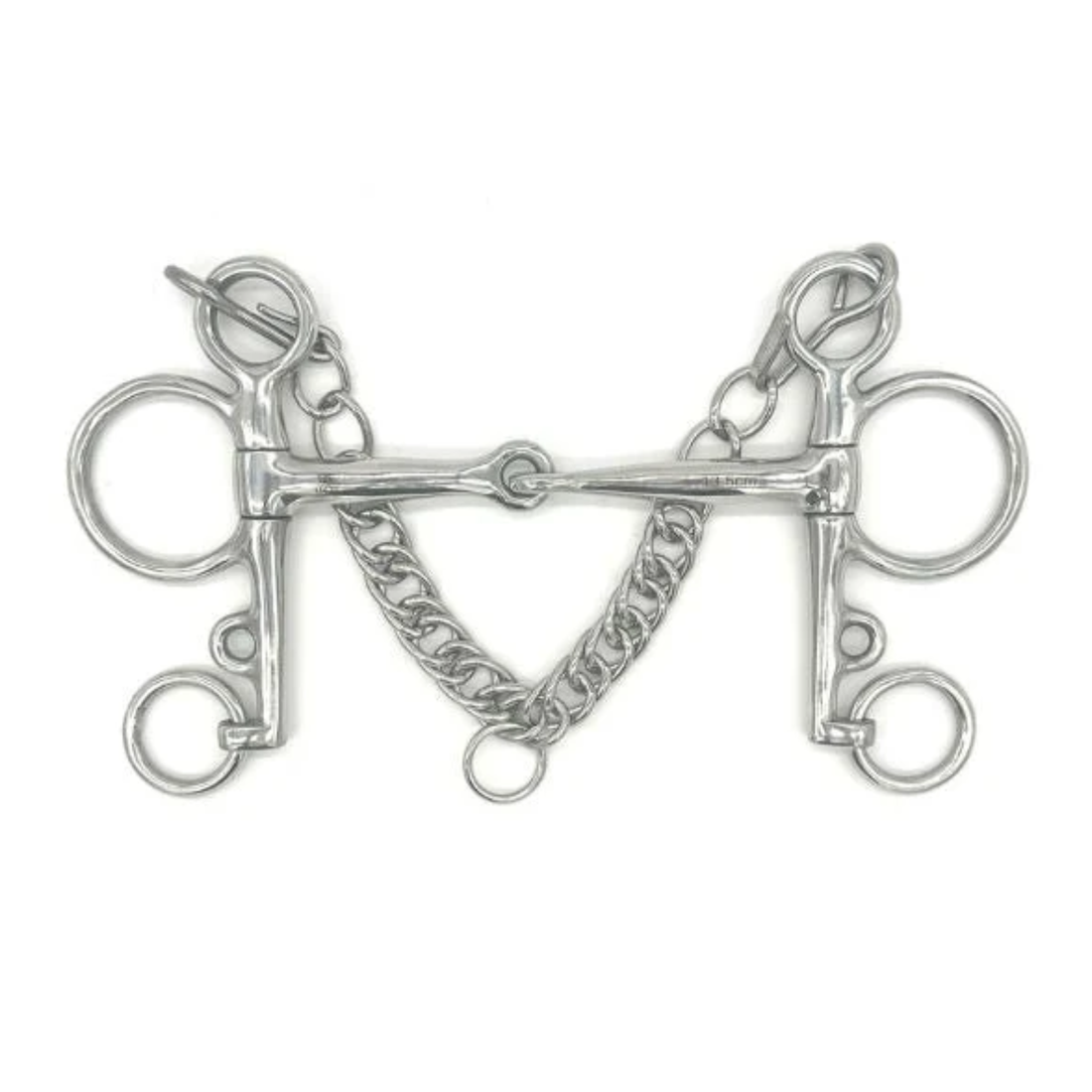 Jake Adams Equestrian Single Joint Stainless Steel Pelham bit on a white background.