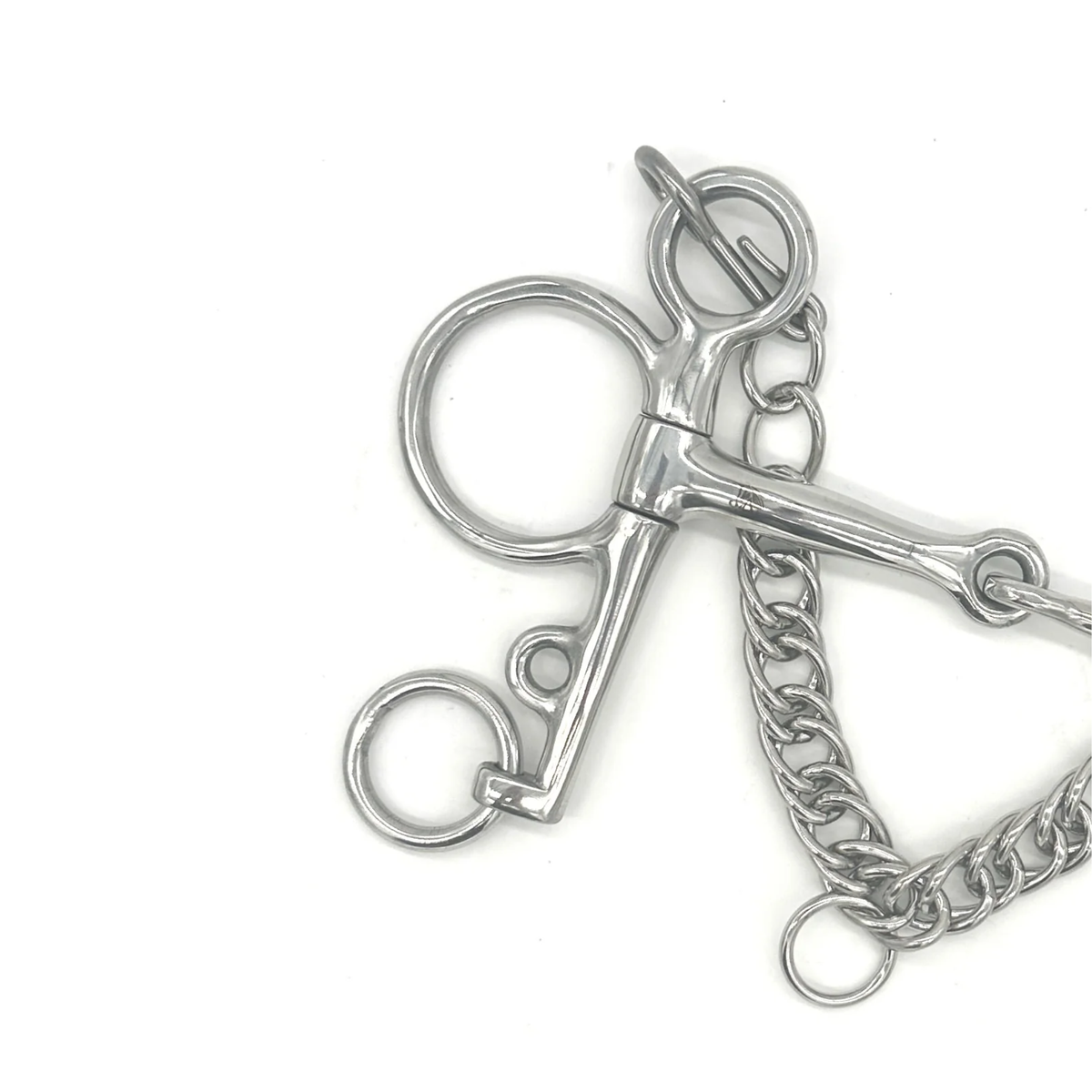 Closeup of the cheekpiece of a Jake Adams Equestrian Single Joint Stainless Steel Pelham bit on a white background.