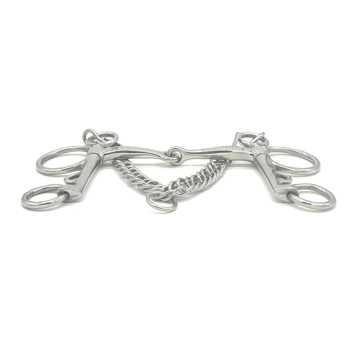 Side view of a Jake Adams Equestrian Single Joint Stainless Steel Pelham bit on a white background.