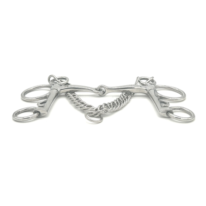 Side view of a Jake Adams Equestrian Single Joint Stainless Steel Pelham bit on a white background.