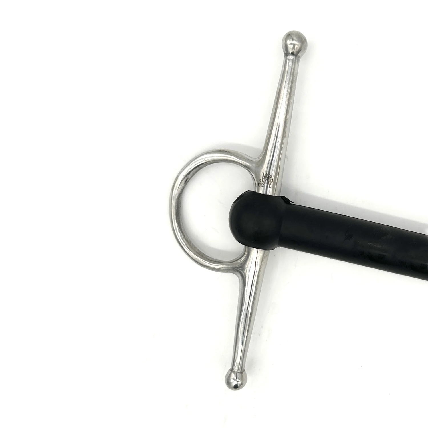 Close up of a cheekpiece on a Jake Adams Equestrian Soft Flexi Mouth Full Check bit on a white background.