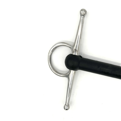 Close up of a cheekpiece on a Jake Adams Equestrian Soft Flexi Mouth Full Check bit on a white background.