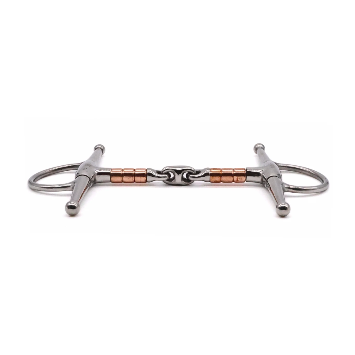 Side view of a Jake Adams Equestrian Copper Roller Elliptical Full Cheek Bit on a white background.