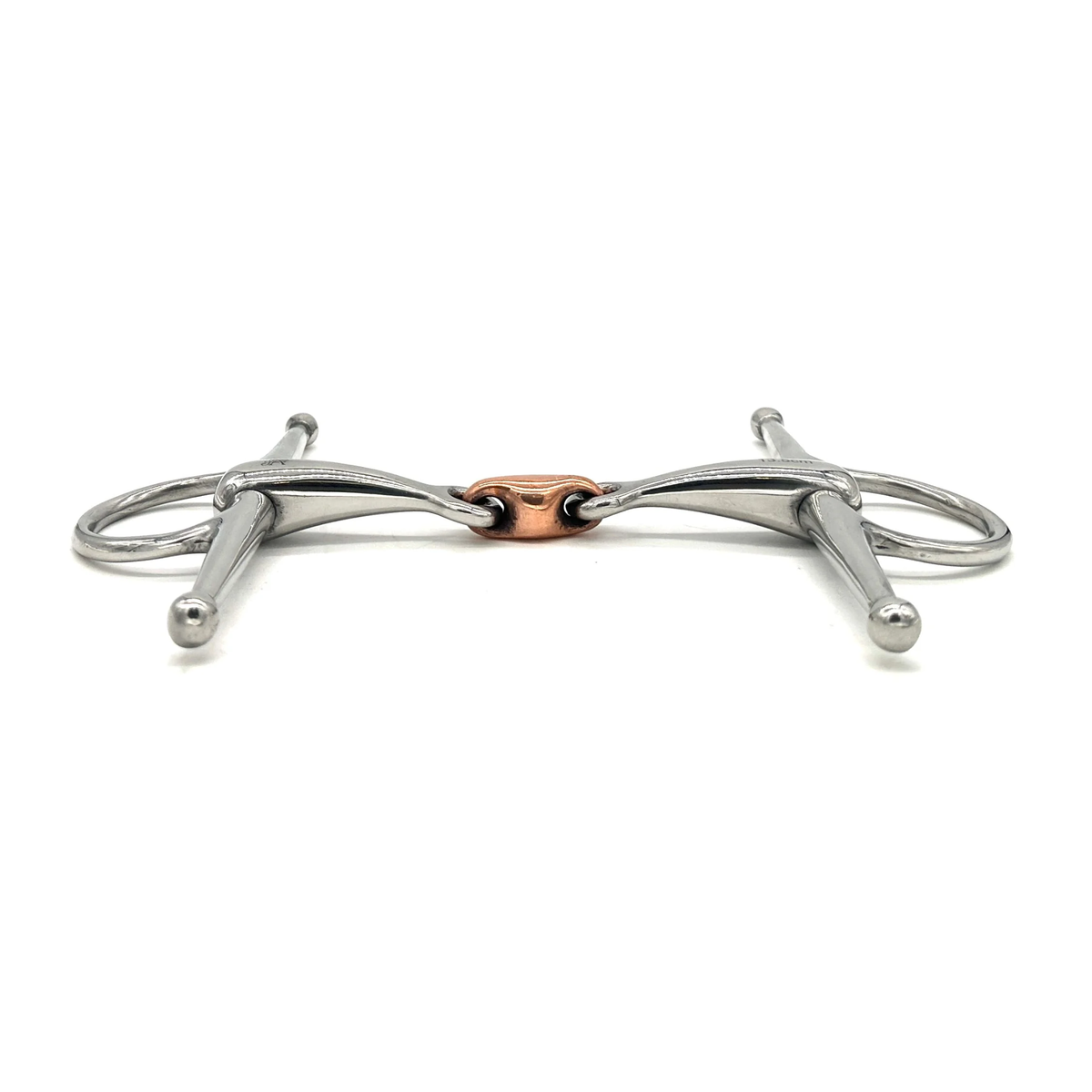 Side view of a Jake Adams Equestrian Double Jointed Copper Elliptical Full Cheek bit on a white background.