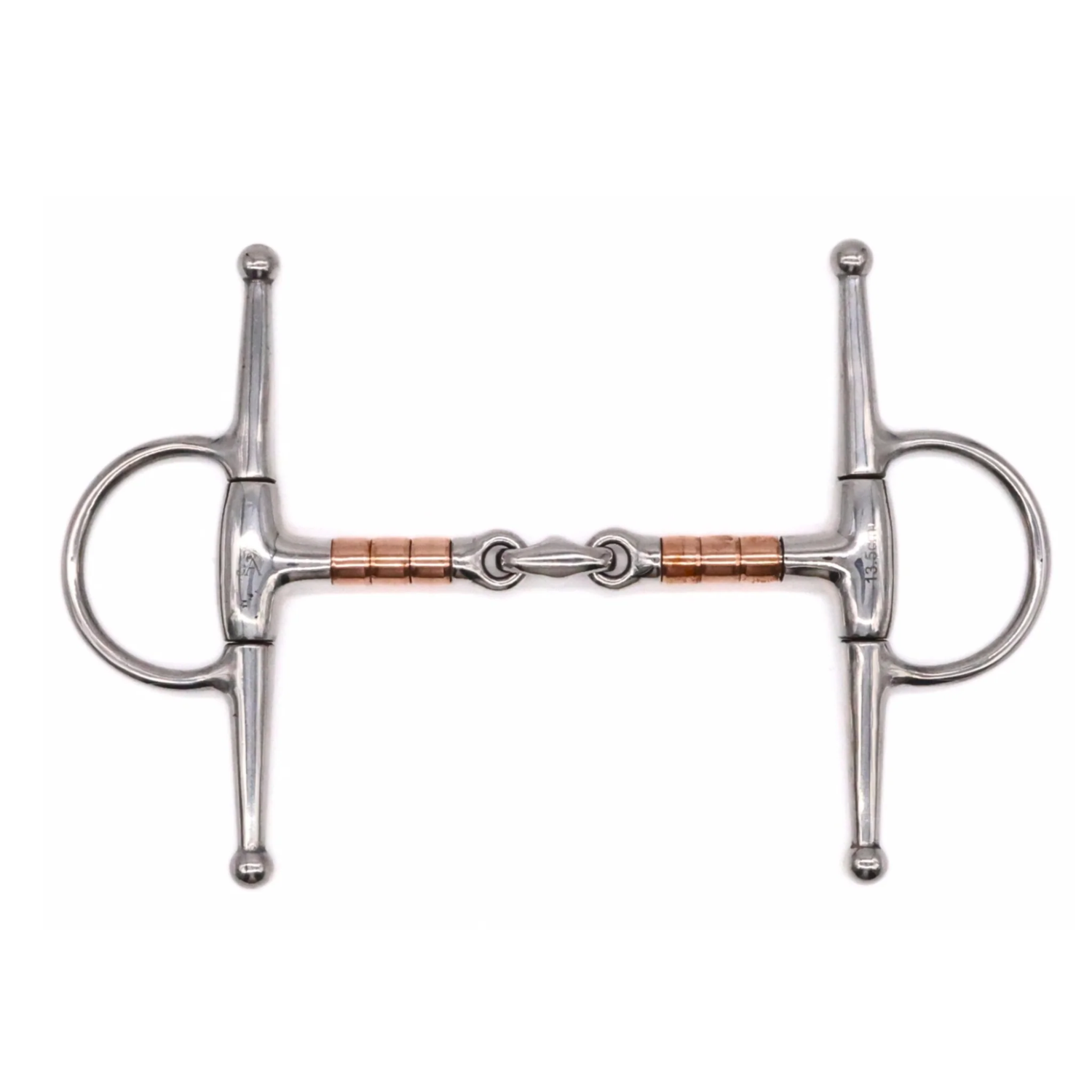 Jake Adams Equestrian Copper Roller Elliptical Full Cheek Bit on a white background.