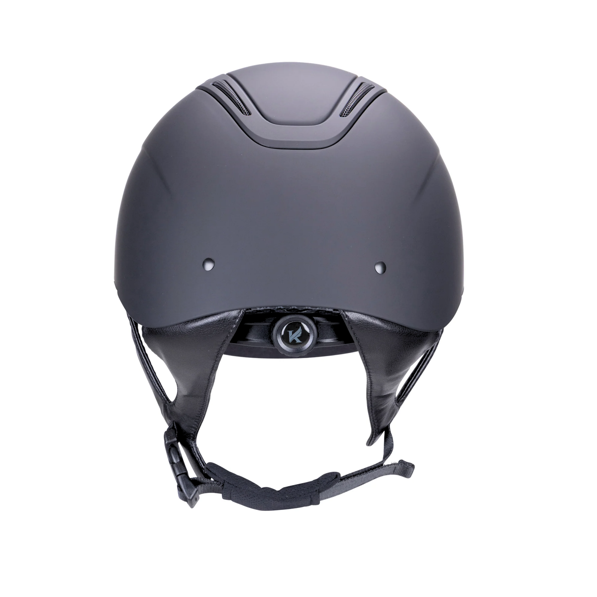 A matte black Karben Amity SMRT  equestrian riding helmet shown from the back on a solid white background.