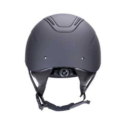 A matte black Karben Amity SMRT  equestrian riding helmet shown from the back on a solid white background.