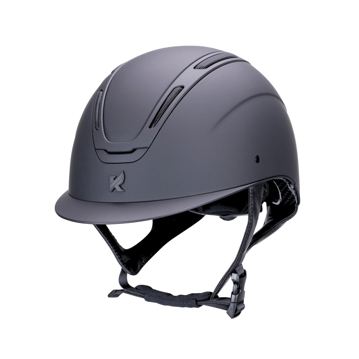A matte black Karben Amity SMRT equestrian riding helmet with a visor and black chin strap shown from a three-quarters angle on a white background.