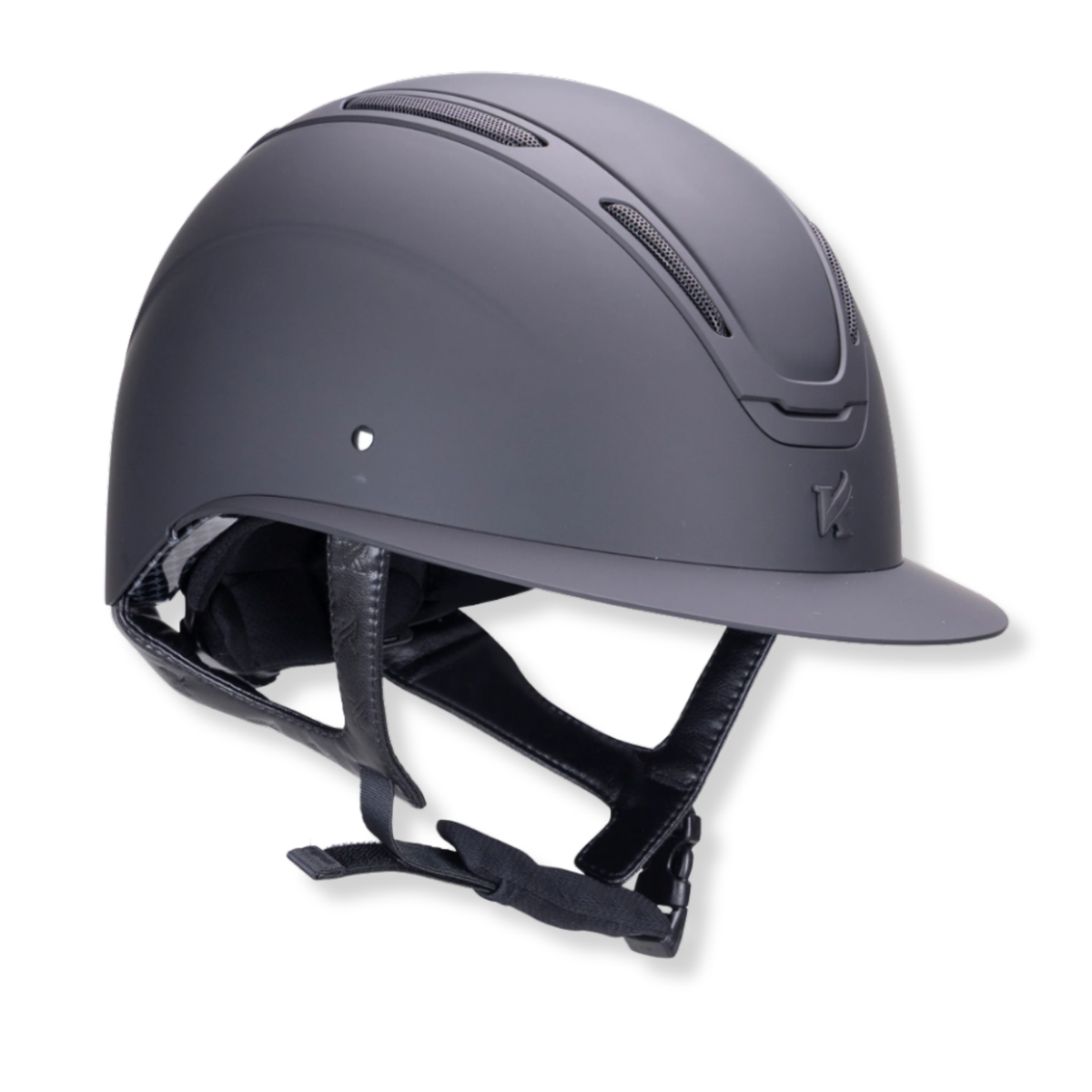 A matte black Karben Amity SMRT equestrian riding helmet with a visor and black chin straps, shown from a three-quarters angle on a white background.