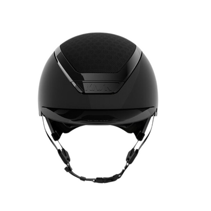 Front image of a shiny black KASK Dogma Pure Shine equestrian riding helmet with "KASK" branding and a chin strap on a white background.