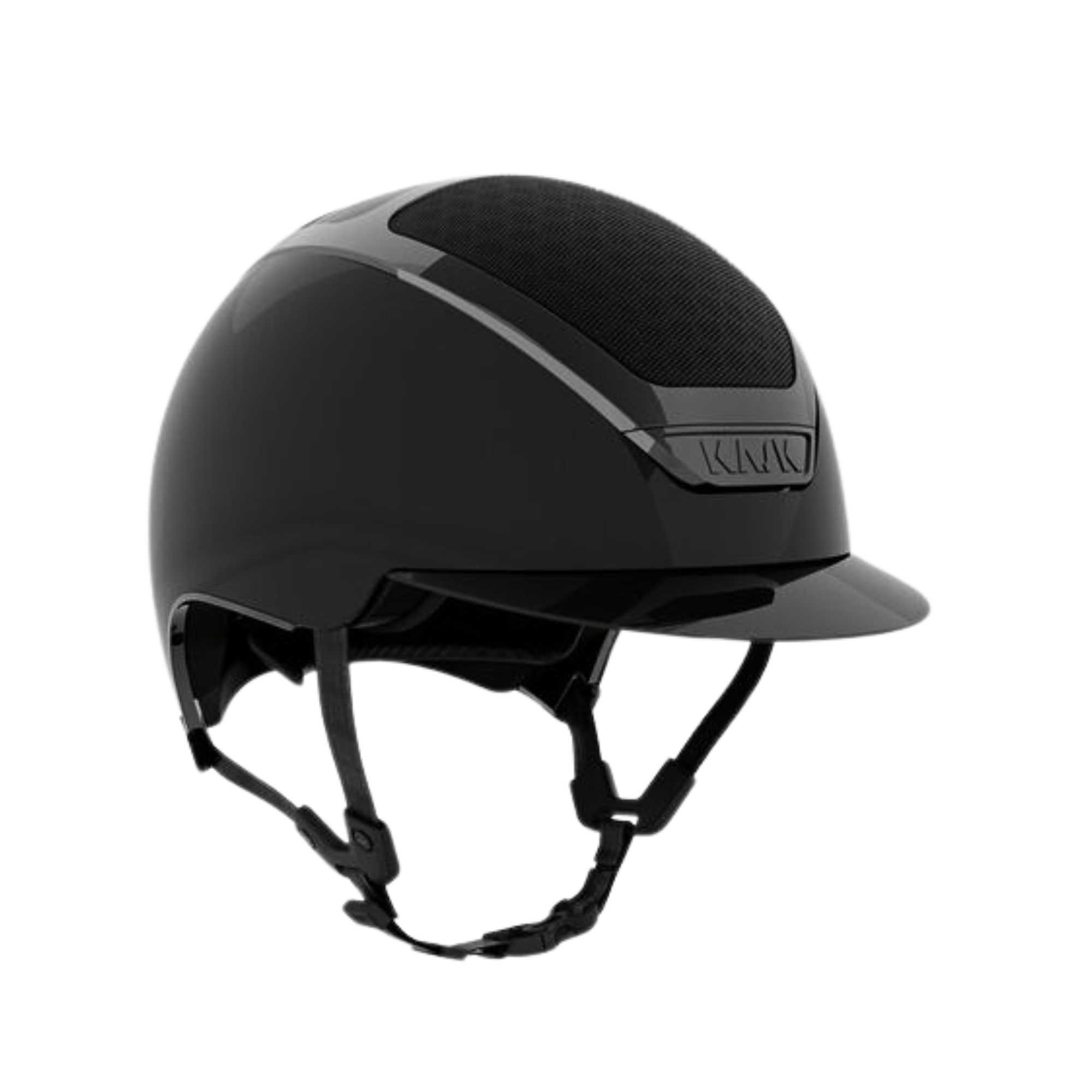 Shiny black KASK Dogma Pure Shine equestrian riding helmet with a "KASK" logo on a white background.