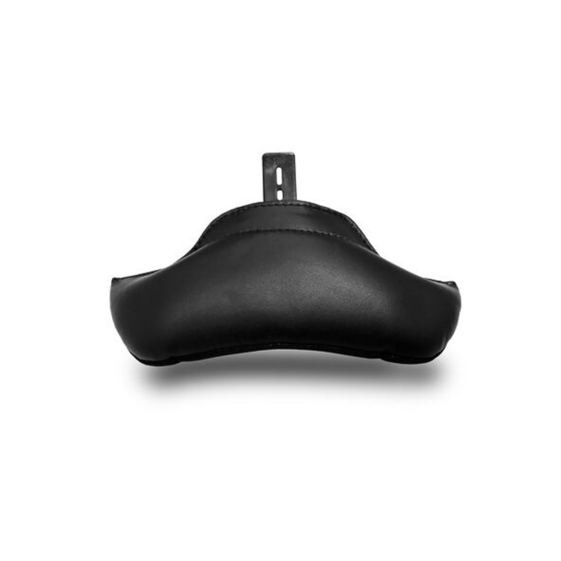 A black curved  neck pillow with a small metal mounting tab at the top, designed to be used with KASK riding helments, shown on a plain white background.