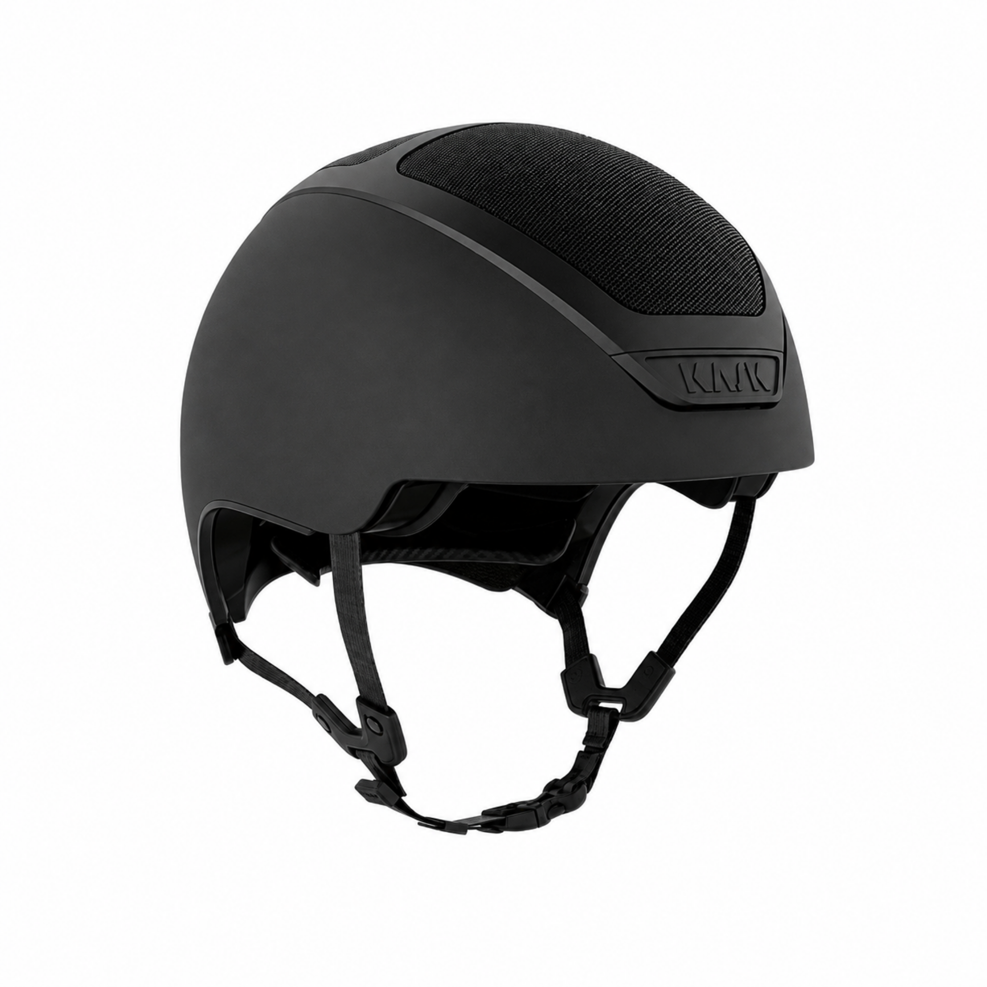 A matte black KASK Dogma cross country equestrian riding helmet with a textured ventilation panel on top and adjustable chin strap, shown against a plain white background.