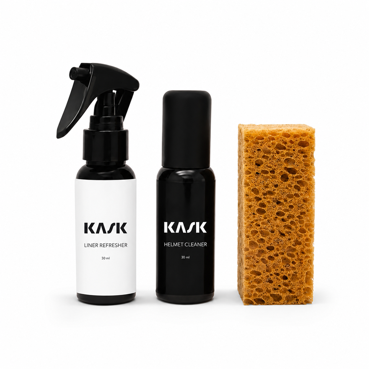 A KASK helmet care set featuring a black spray bottle labeled &