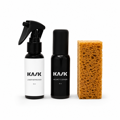 A KASK helmet care set featuring a black spray bottle labeled &