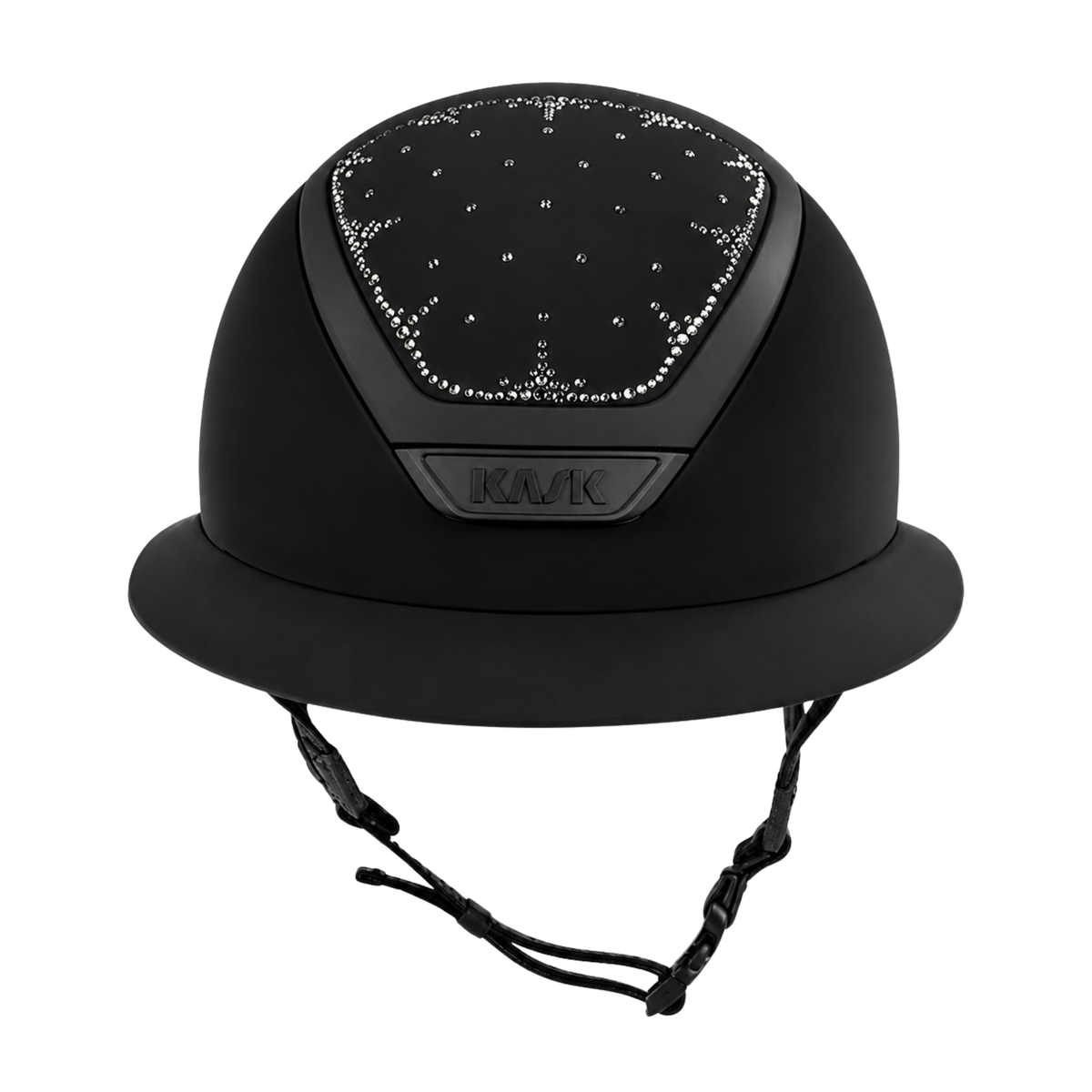 A matte black KASK Jessica Springsteen Star Lady equestrian riding helmet with a decorative rhinestone-embellished crown panel on the forehead and a visible KASK logo badge on the front, shown against a plain white background.