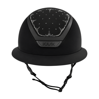 A matte black KASK Jessica Springsteen Star Lady equestrian riding helmet with a decorative rhinestone-embellished crown panel on the forehead and a visible KASK logo badge on the front, shown against a plain white background.