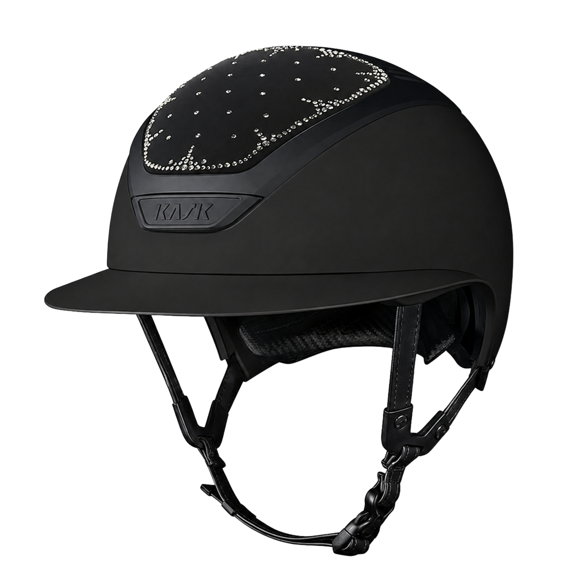A matte black KASK Jessica Springsteen Star Lady equestrian riding helmet with a  wide brim, featuring a decorative pattern of silver rhinestones on the top crown. The brand name &
