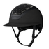 A matte black KASK Jessica Springsteen Star Lady equestrian riding helmet with a  wide brim, featuring a decorative pattern of silver rhinestones on the top crown. The brand name &
