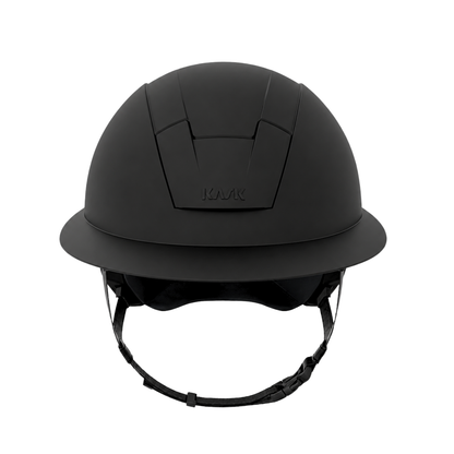 A matte black KASK Kooki Lady Hunter equestrian riding helmet with a visor and chin strap, featuring the embossed brand name &