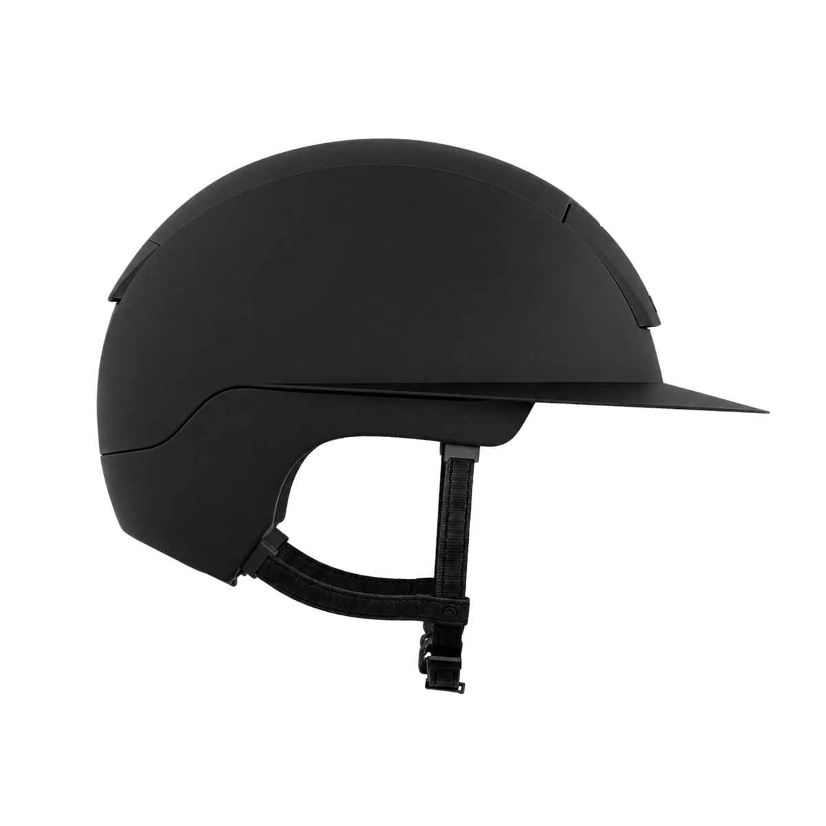 A matte black KASK Kooki Landy Hunter equestrian riding helmet with a visor and adjustable chin strap, shown in profile against a solid white background.