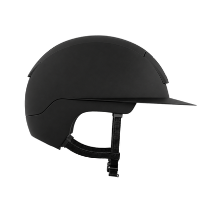 A matte black KASK Kooki Landy Hunter equestrian riding helmet with a visor and adjustable chin strap, shown in profile against a solid white background.