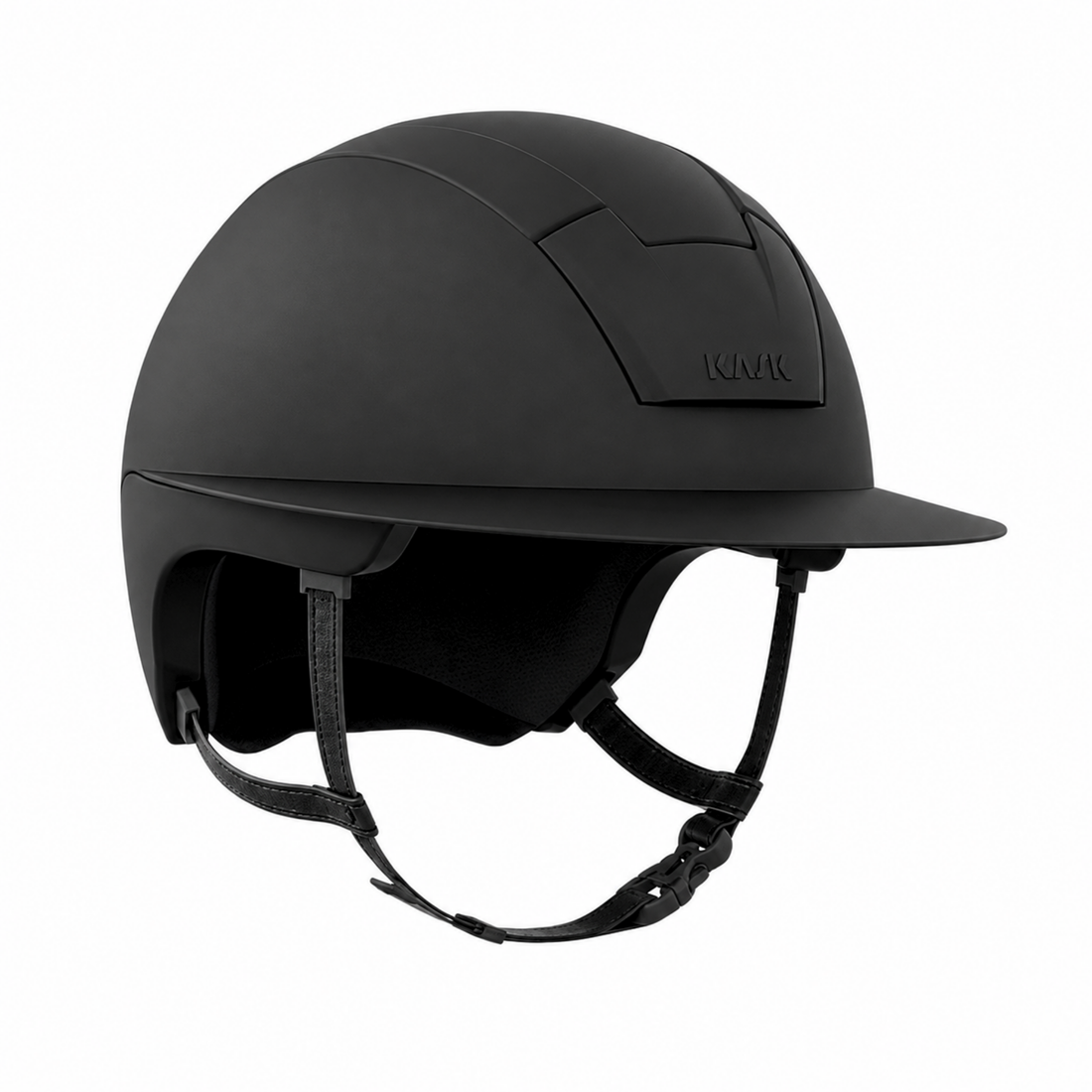 A matte black KASK Kooki Lady Hunter equestrian riding helmet with a matching visor and adjustable chin strap, shown from a three-quarters angle on a solid white background.