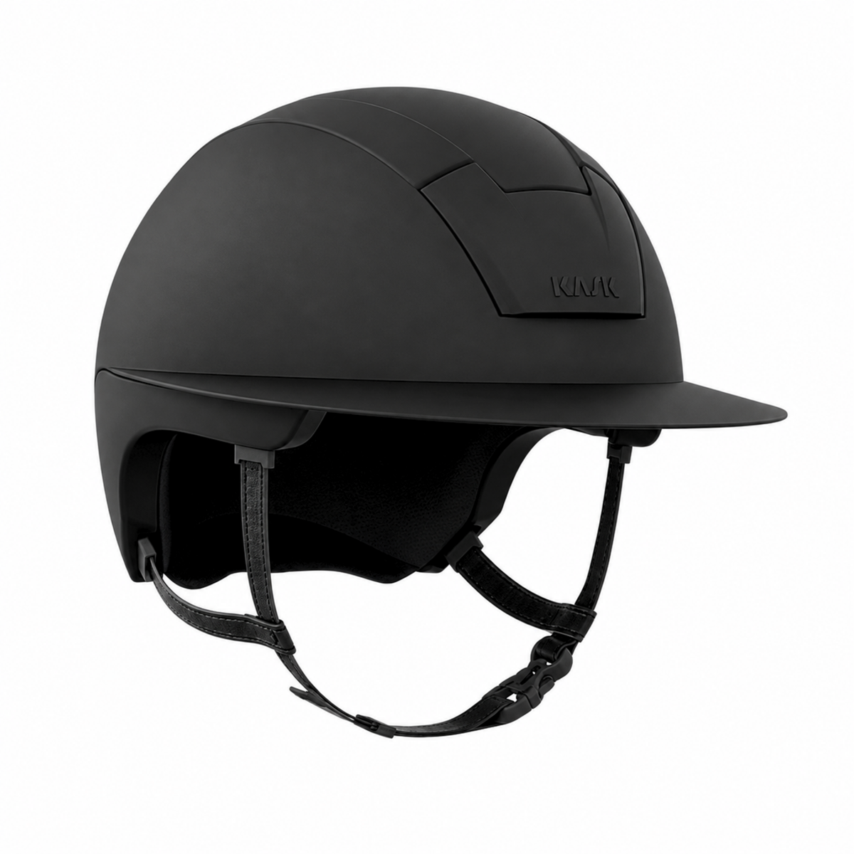 A matte black KASK Kooki Lady Hunter equestrian riding helmet with a matching visor and adjustable chin strap, shown from a three-quarters angle on a solid white background.