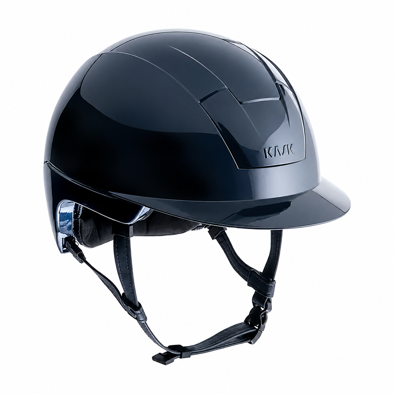 A glossy navy KASK Kooki Lady equestrian riding helmet with a visor and chin strap, featuring the KASK brand logo on the front, set against a plain white background.