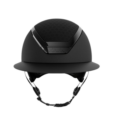 Front image of a KASK Star Lady Chrome black equestrian helmet with "KASK" branding and a chinstrap on a white background. 