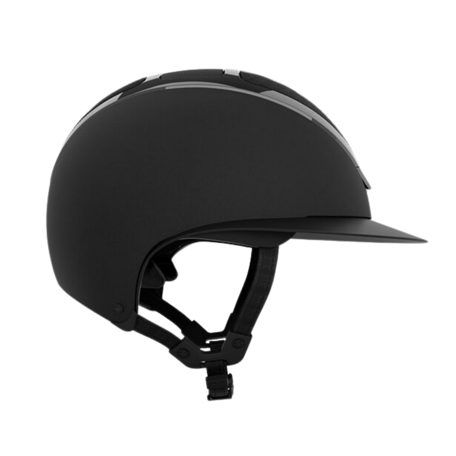 Side view of a black KASK Star Lady Chrome equestrian riding helmet with a visor and chinstrap on a white background.