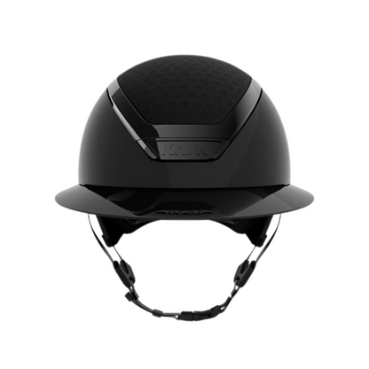 Front image of a shiny black KASK Star Lady Pure Shine equestrian riding helmet with a wide brim, "KASK" branding and a chinstrap against a white background.,