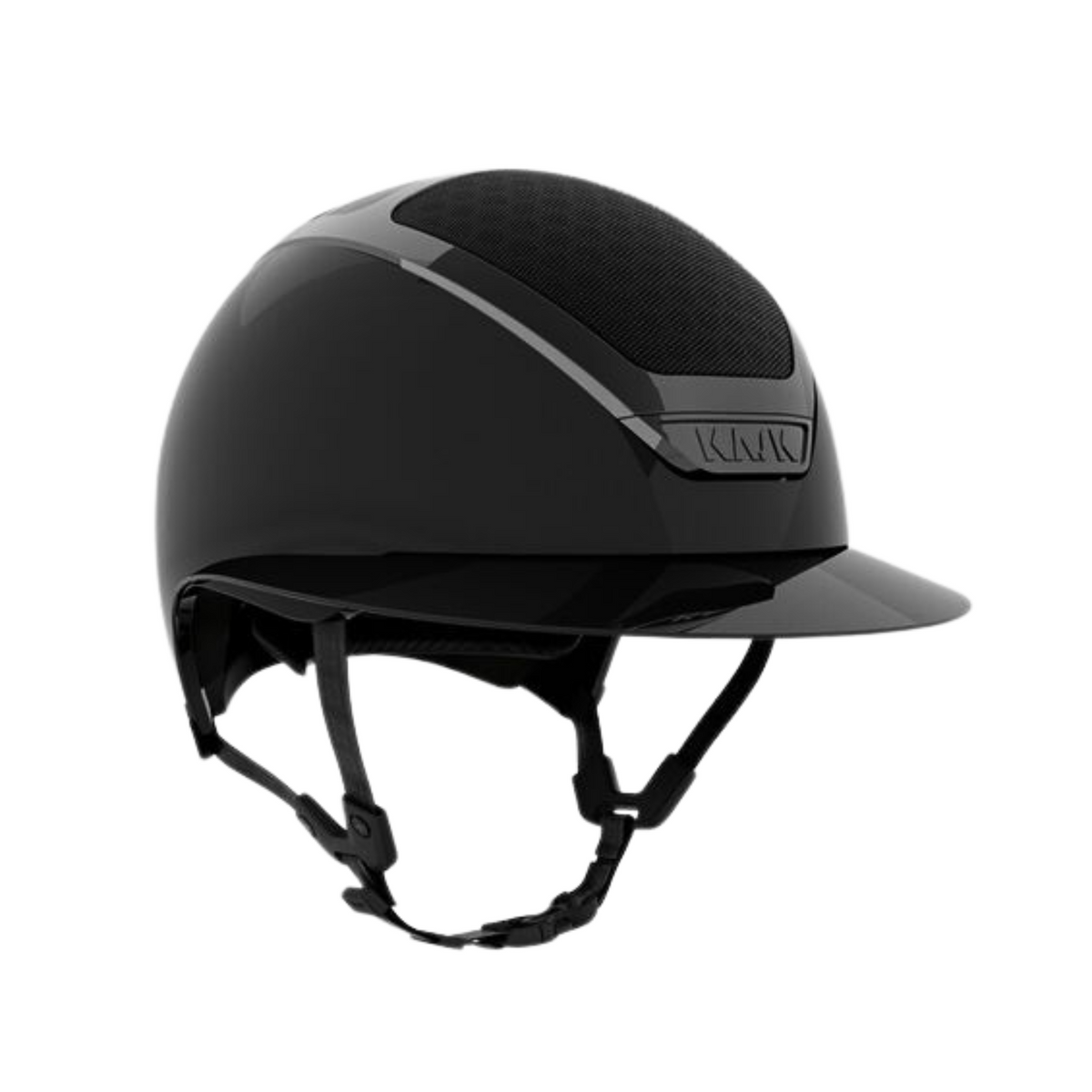 Shiny black KASK Star Lady Pure Shine equestrian riding helmet with "KASK" branding and a chinstrap on a white background.