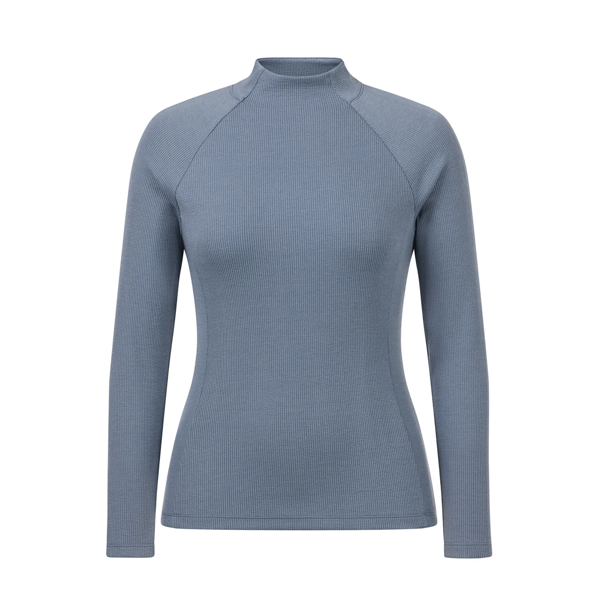 Kerrits Dusty Blue Align Textured Mock Neck Top, a slate blue long-sleeve mock top paired with black pants and a black belt, against a solid white background.