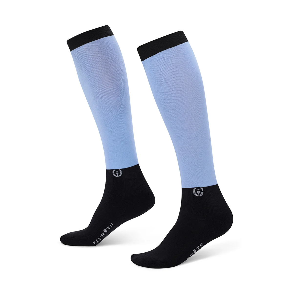 A pair of tall boot socks in light blue and black, displayed against a clean white background. The brand name &