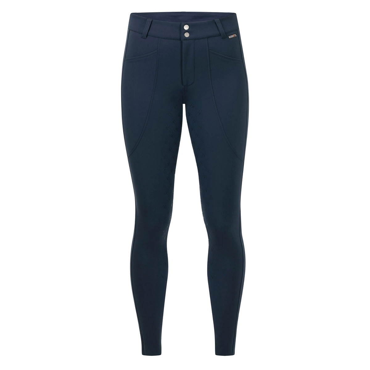 A pair of dark navy blue nighfall Kerrits Fusion II Full Leg Equestrian Clinic Breeches shown on a clean white background. 