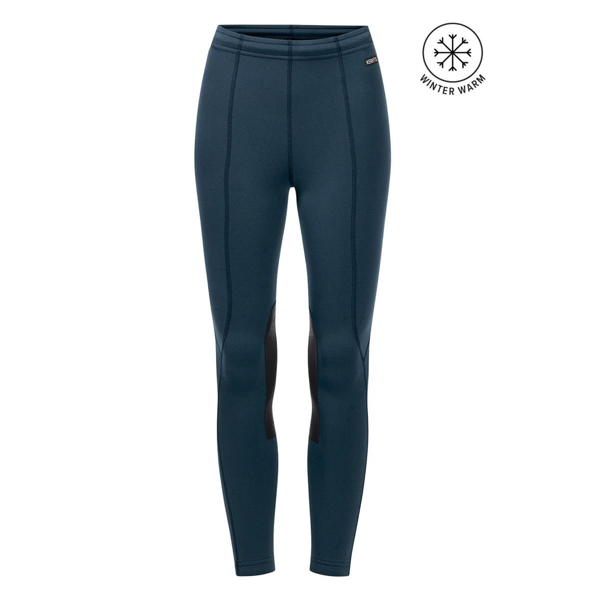 A pair of Kerrits Kids Fleece Lite II knee patch riding tights in a dark teal color, shown against a plain white background. A small &