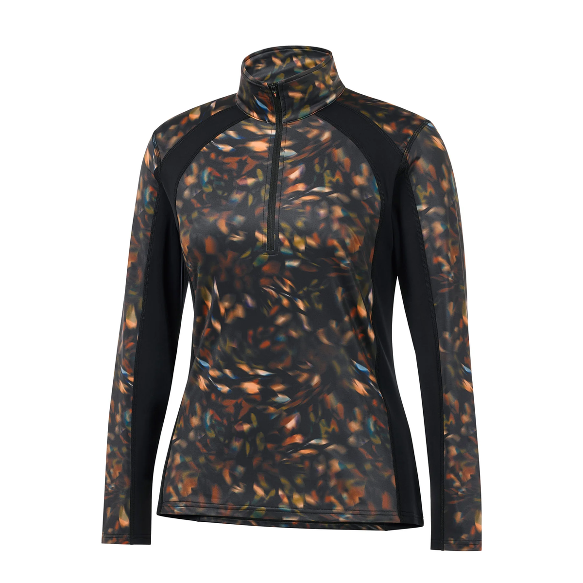 Kerrits Autumn Prism pattern
Traverse quarter zip fleece tech top with an abstract autumn leave pattern, solid black ribbed sides &amp; under sleeves. 