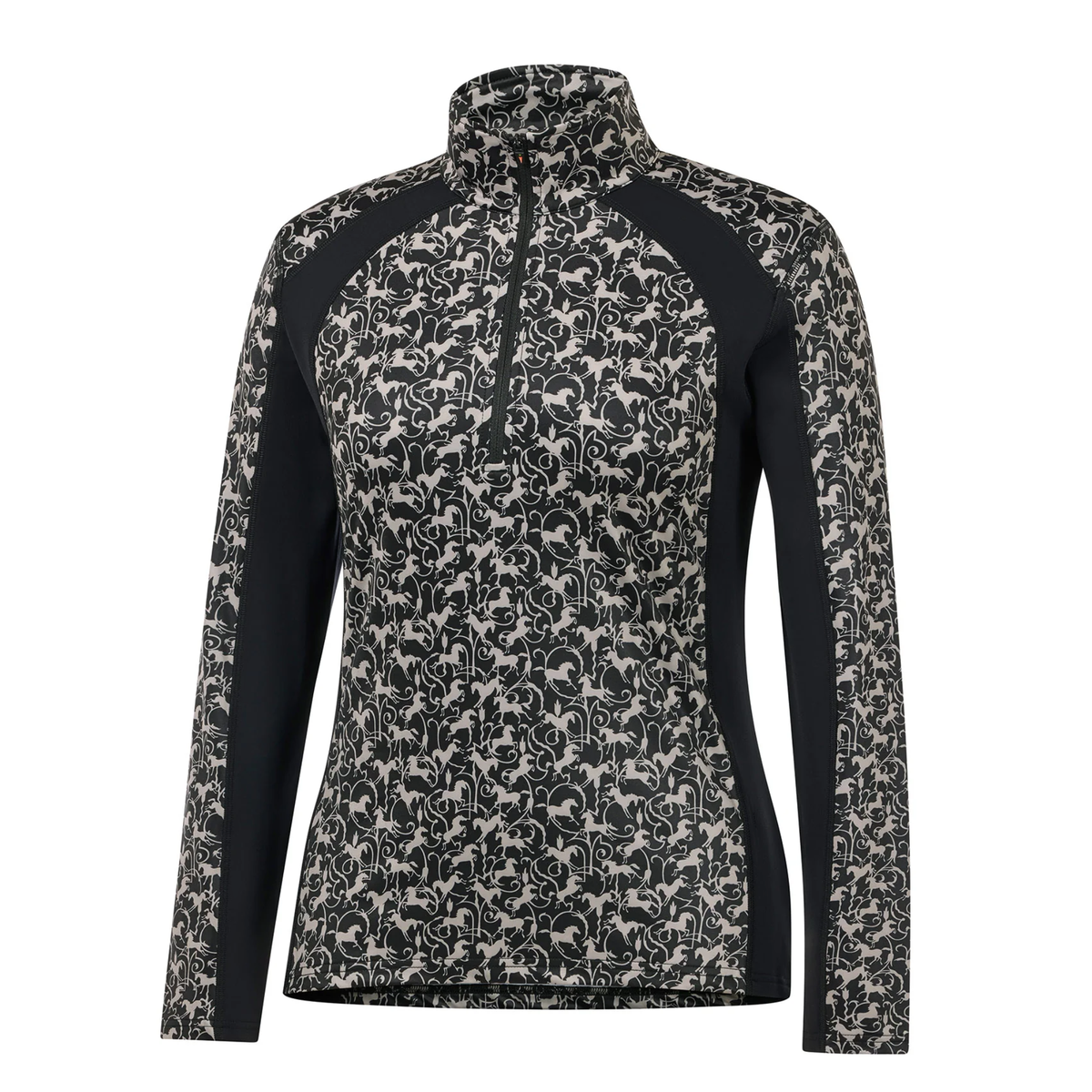 Kerrits black wrought iron horses pattern
Traverse quarter zip fleece tech top with a beige horse pattern and solid black ribbed sides &amp; under sleeves. 