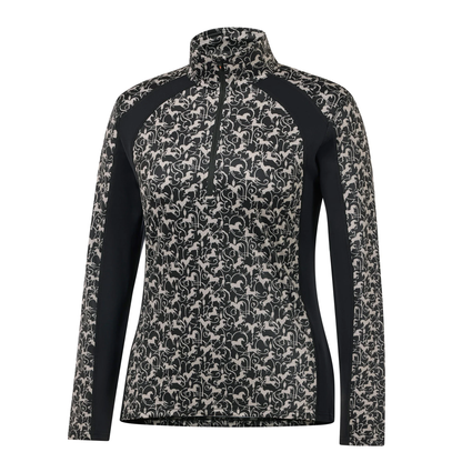 Kerrits black wrought iron horses pattern
Traverse quarter zip fleece tech top with a beige horse pattern and solid black ribbed sides &amp; under sleeves. 