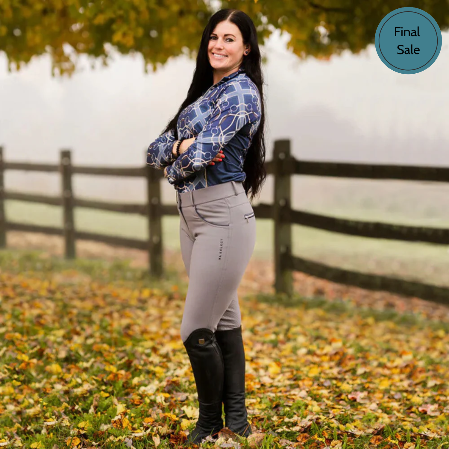 KL Select Gabrielle Knee Patch Breeches, Grey with Navy Piping