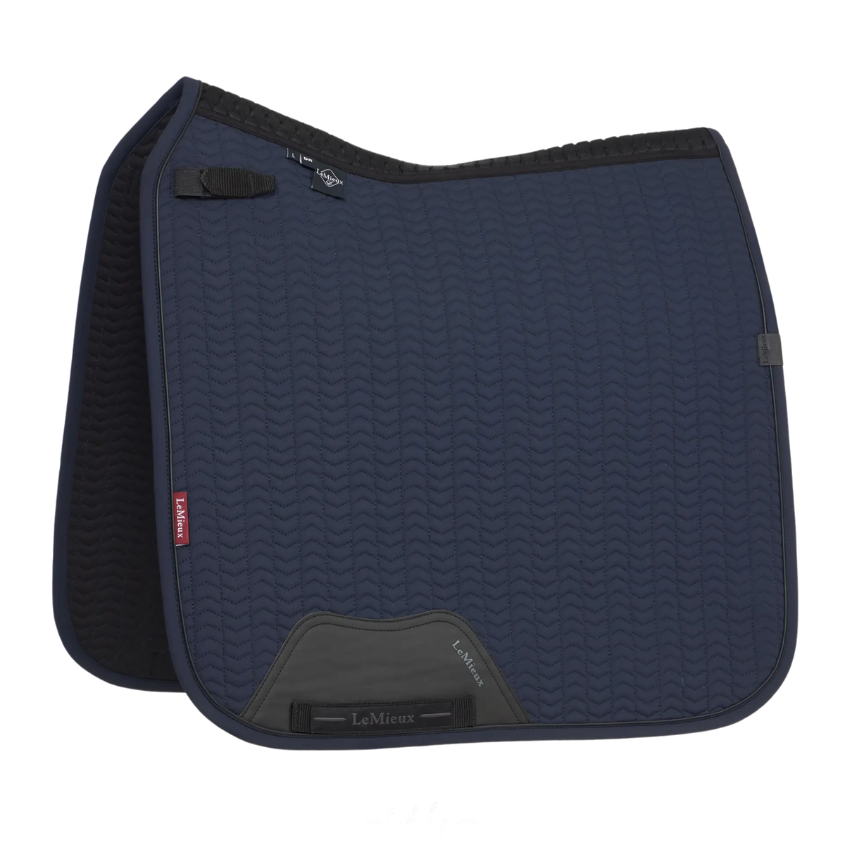 Navy blue LeMieux Essence dressage saddle pad with black accents on a white background