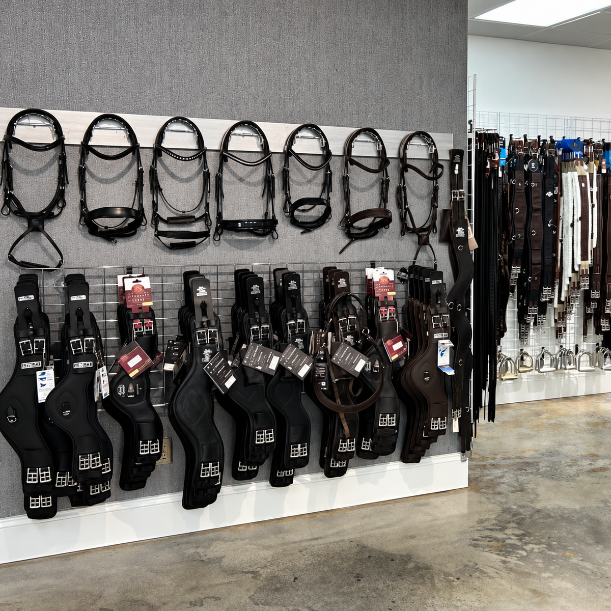 Fairfax Saddlery feature wall with bridles and girths in M & M Tack Shop's newly added space.