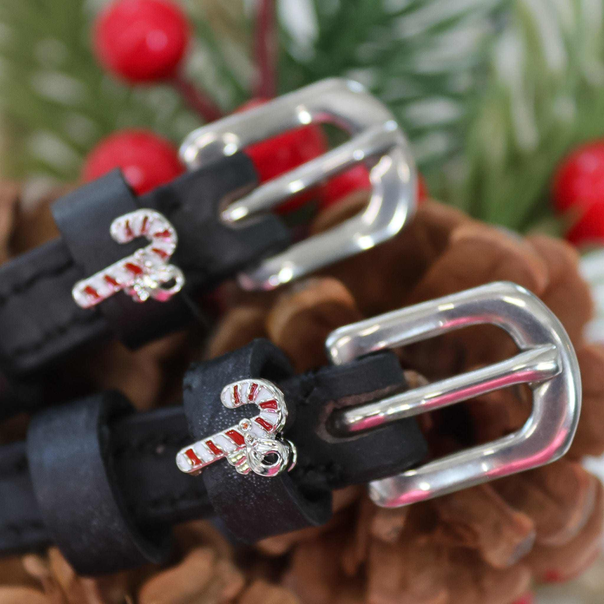 Mane Jane Candy cane charm spur straps wtth nickel buckles.