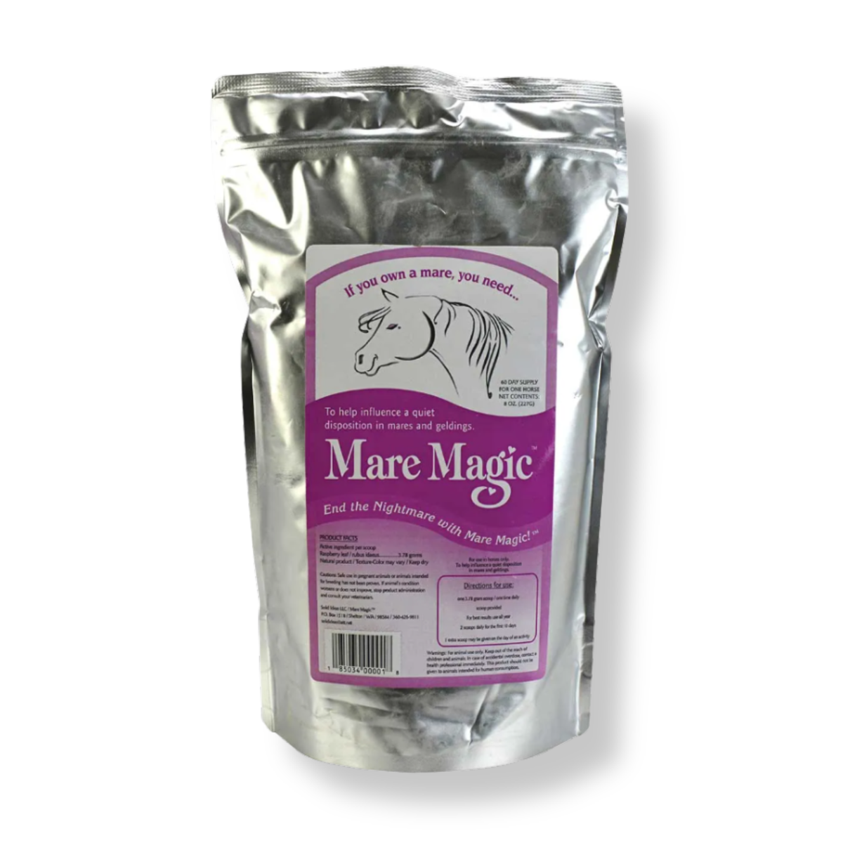 A silver metallic stand-up pouch of Mare Magic 32oz horse supplement with a prominent purple and white label, shown on a plain white background.
